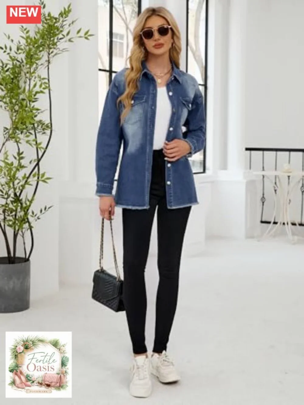 Women's Oversized Button Down Denim Jacket Shacket Long Sleeve Cotton Blend